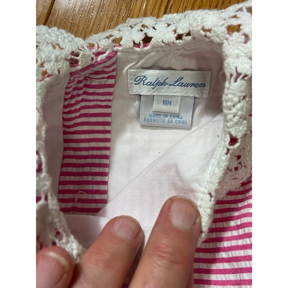 Ralph Lauren Baby Girls Pink‎ White Striped Seersucker Lace Collar Dress 18M
